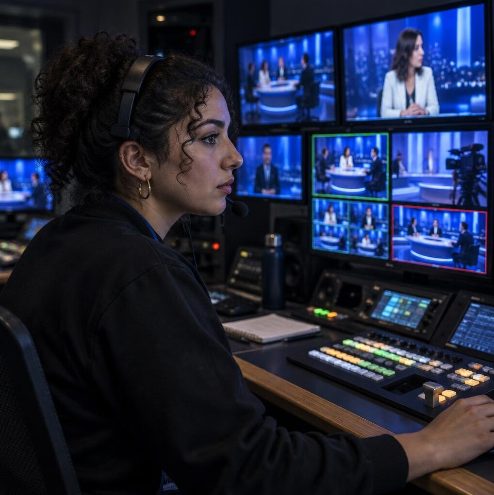 Control room with video monitors during a live studio recording
