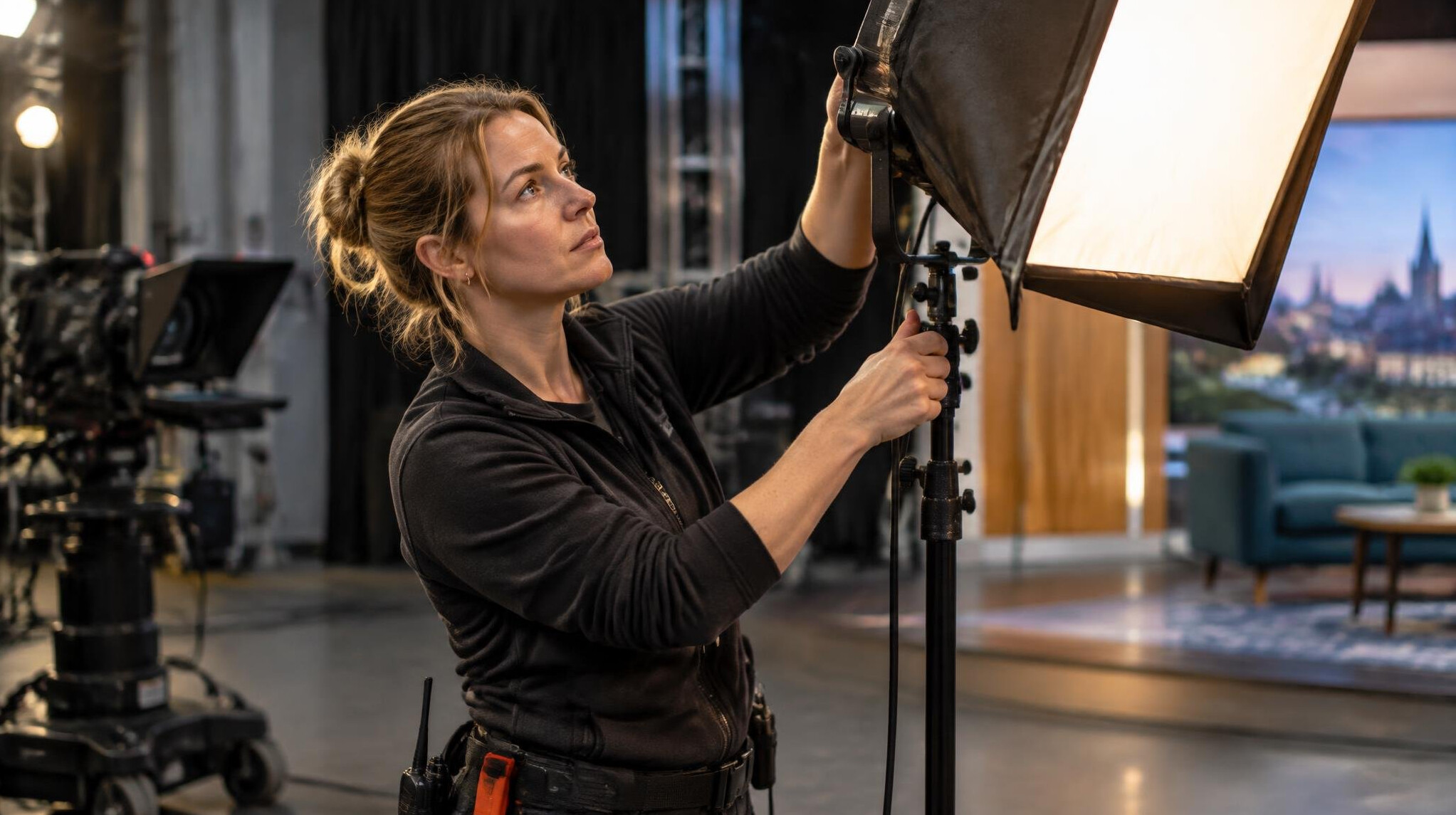 Technician adjusting a studio light for mood and ambiance