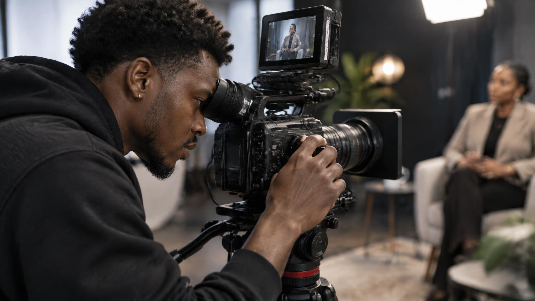 Camera operator checking framing on a monitor during an interview shoot