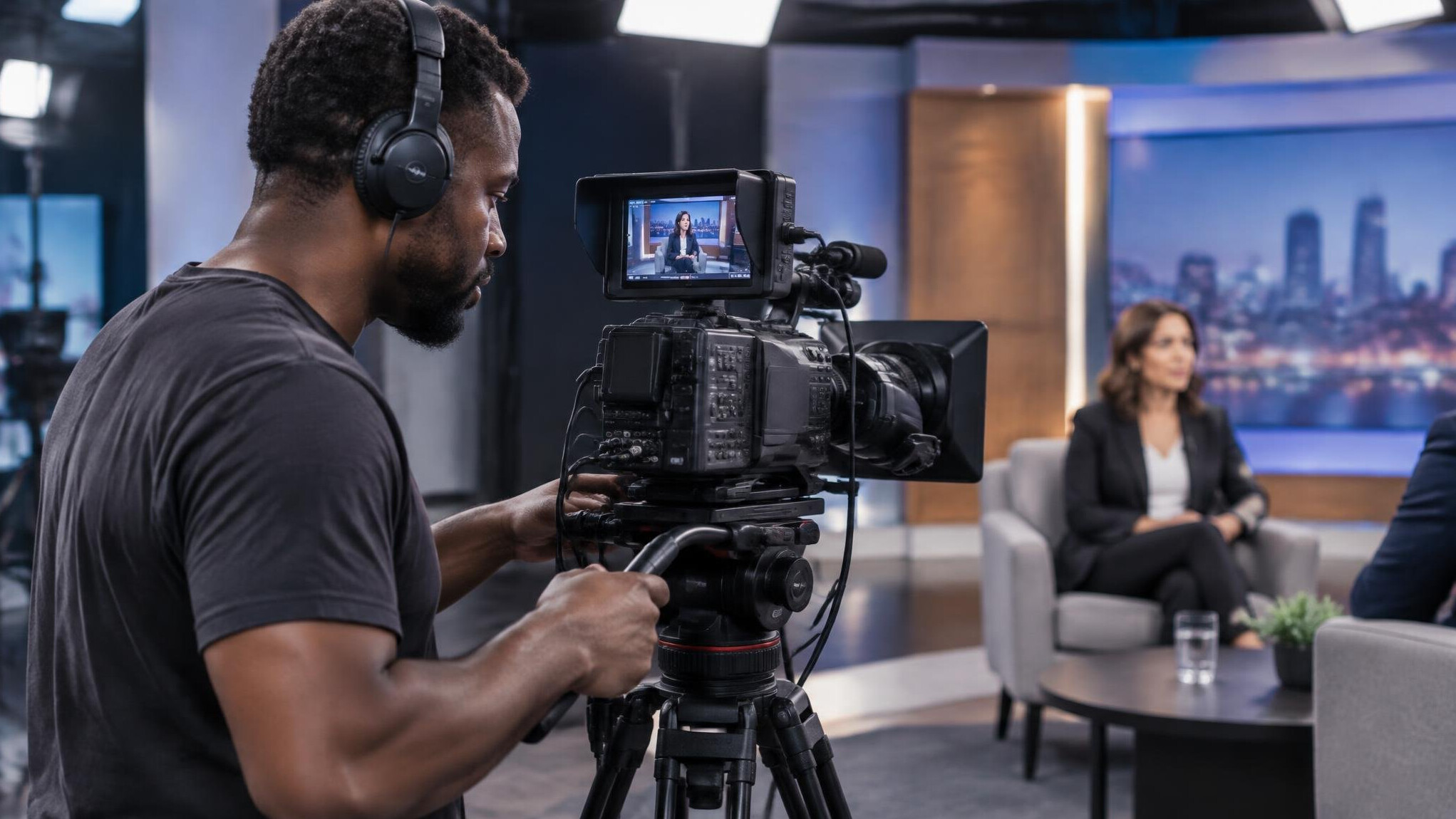 Camera operator framing a shot during a studio interview recording