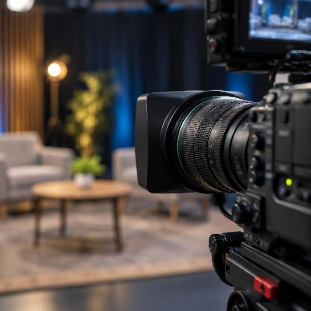 Close-up of a broadcast camera lens framing a studio shot