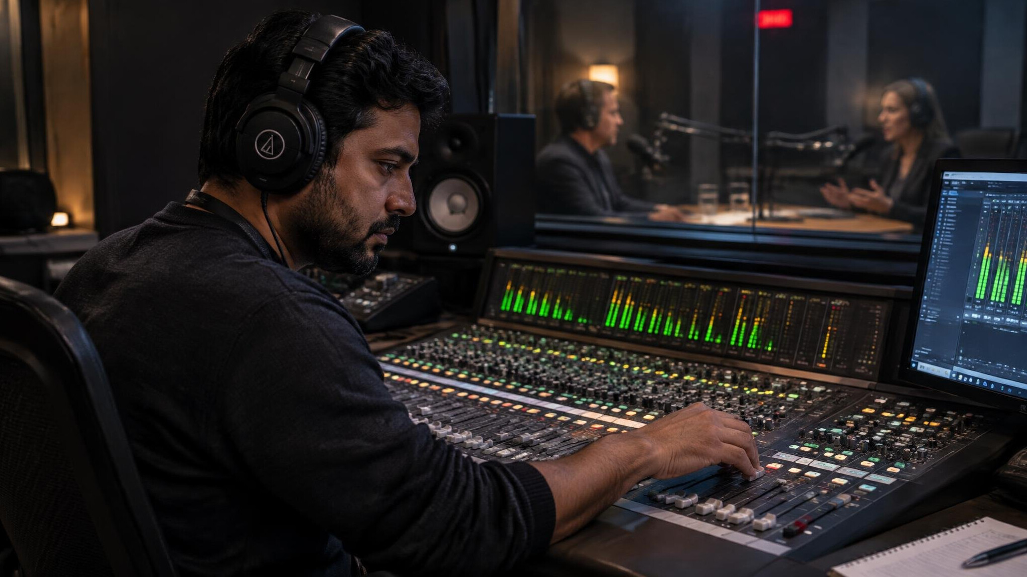 Sound engineer setting levels on an audio mixing console for a studio recording