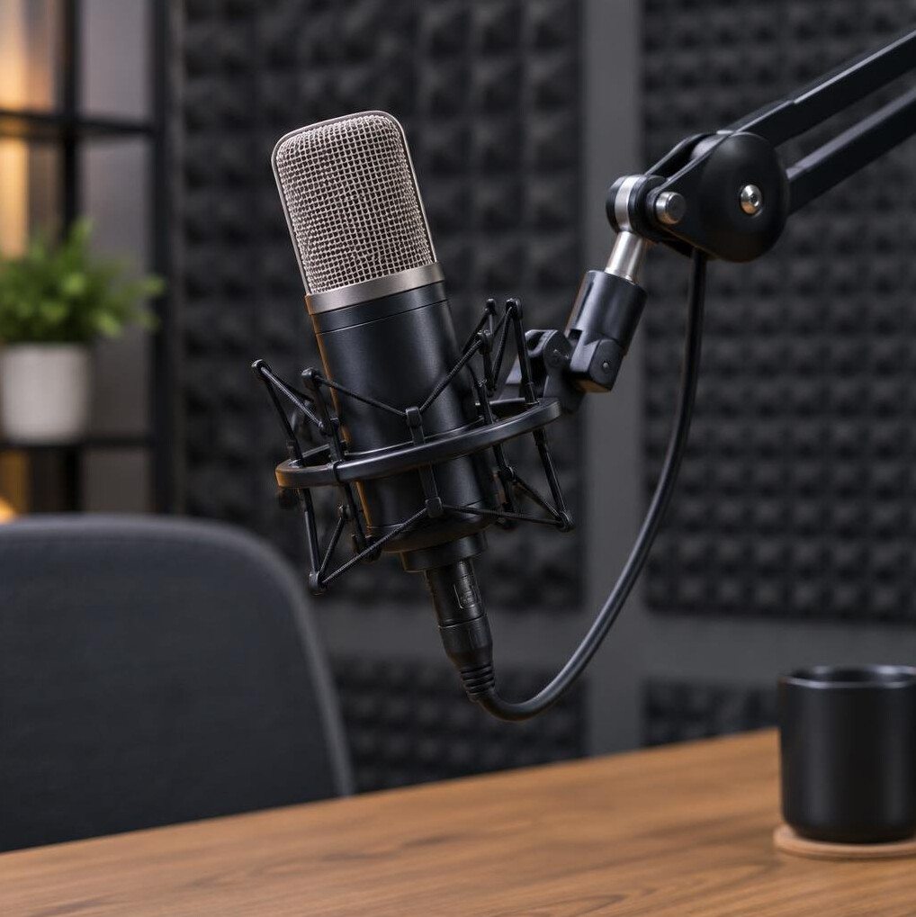 Professional microphone on a boom arm in a recording studio