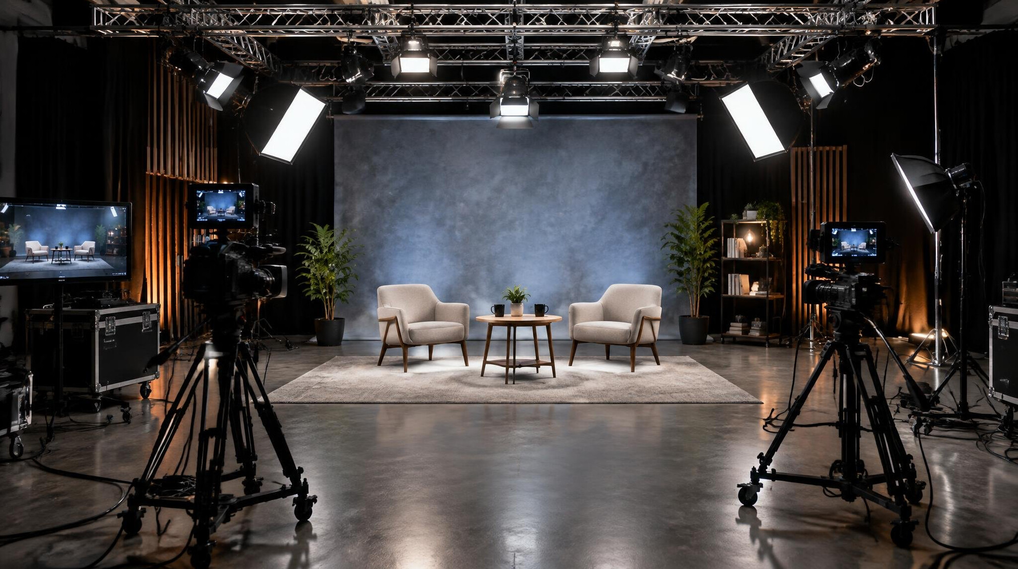 Wide shot of a fully equipped interview studio with lighting and cameras