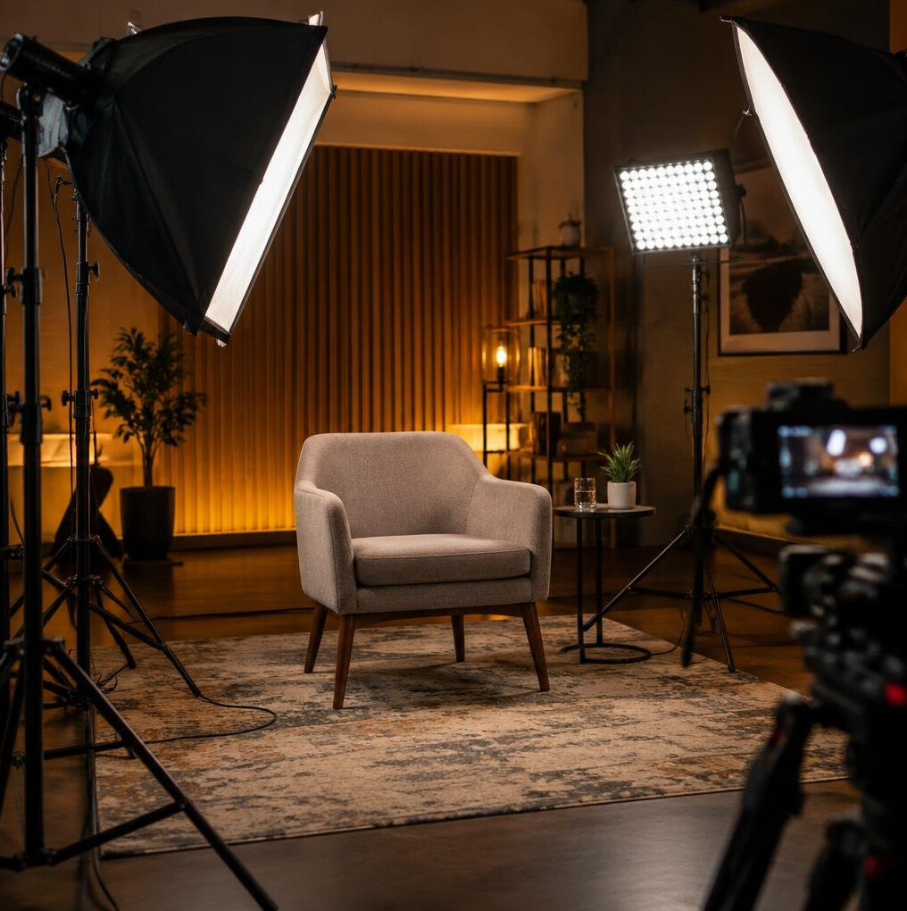 Softbox lighting rig set up for a studio interview
