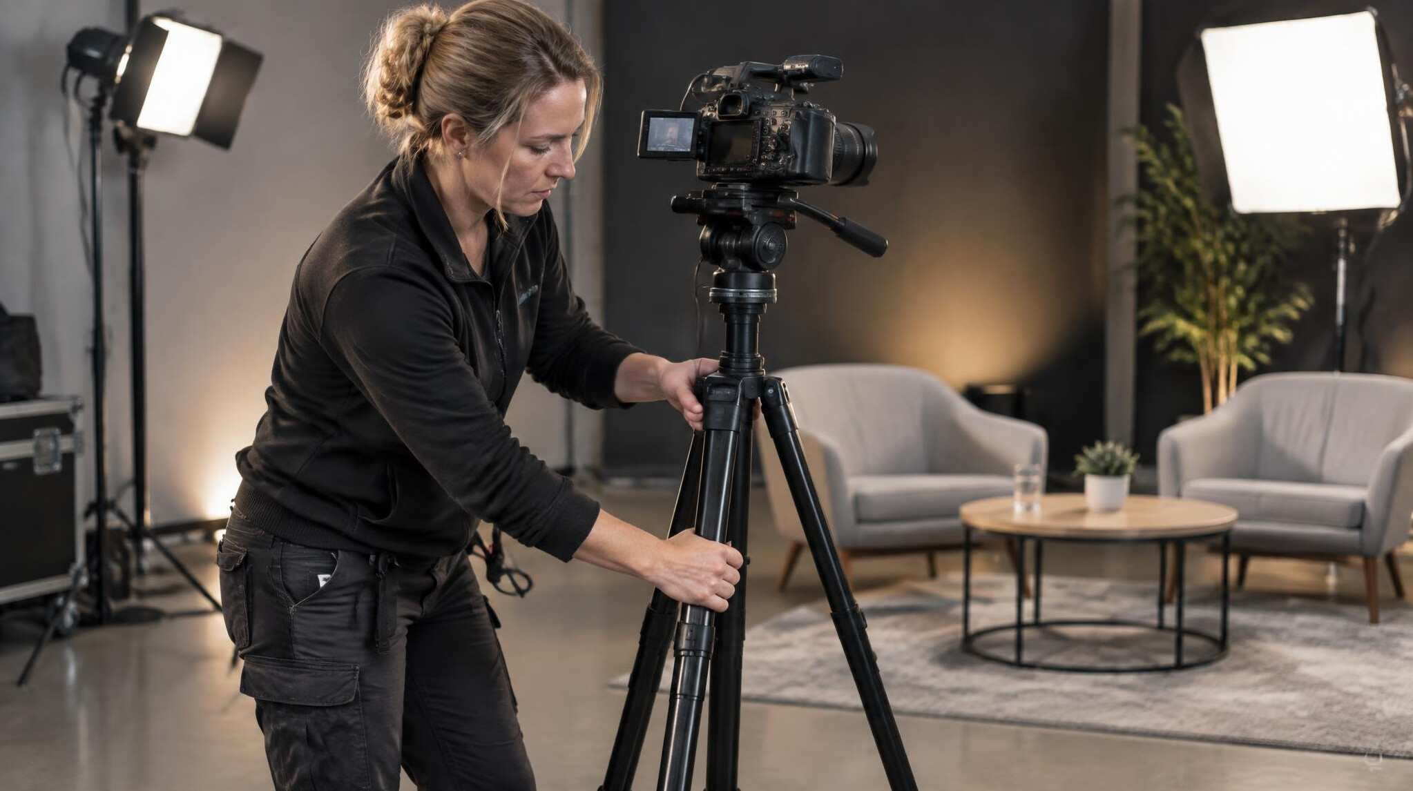 Technician adjusting a camera tripod before a studio interview session