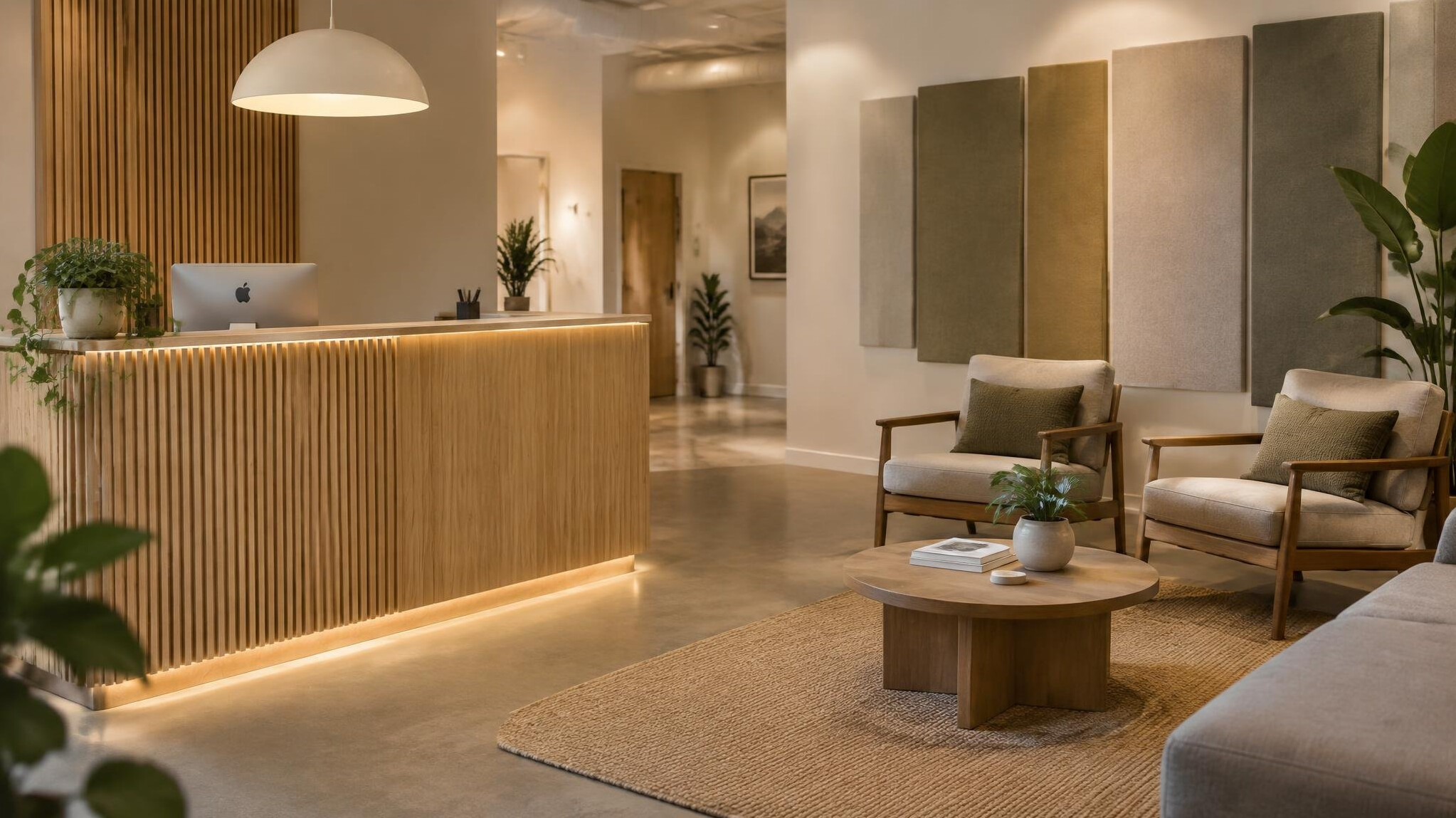 Reception desk area of a modern recording studio