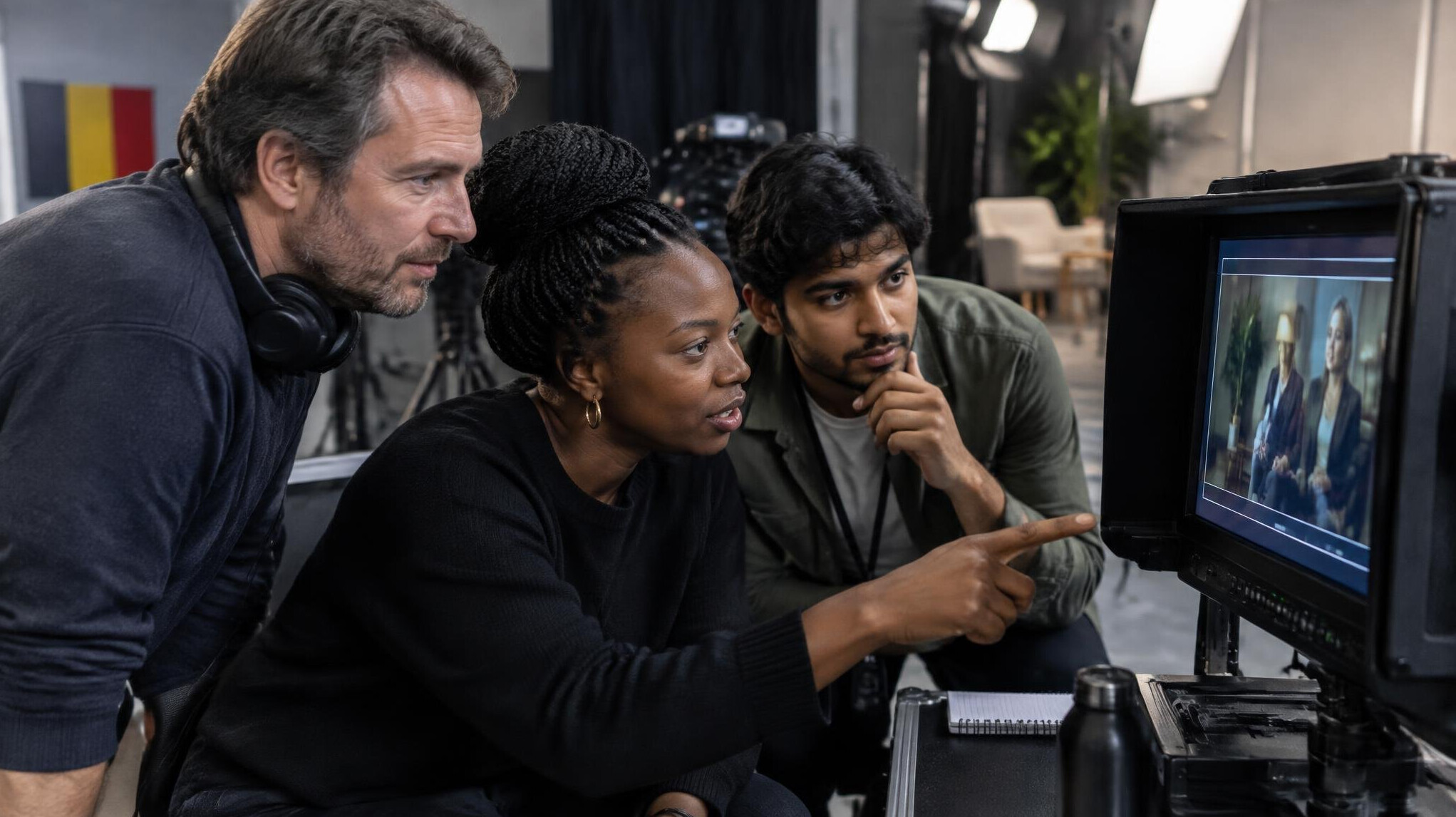 Team reviewing a recorded interview segment on a monitor