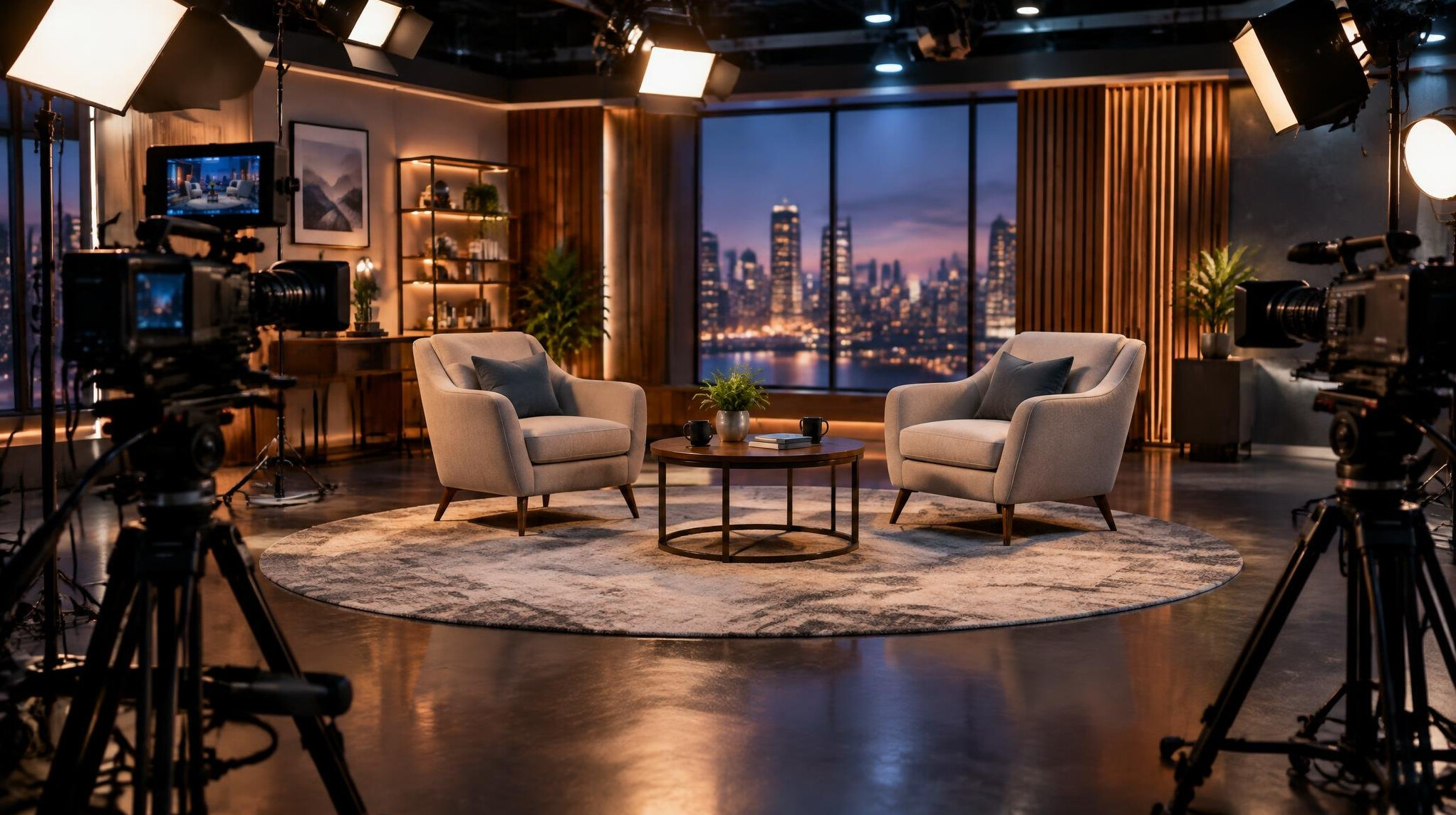 Television studio set with cameras and interview chairs under warm lighting